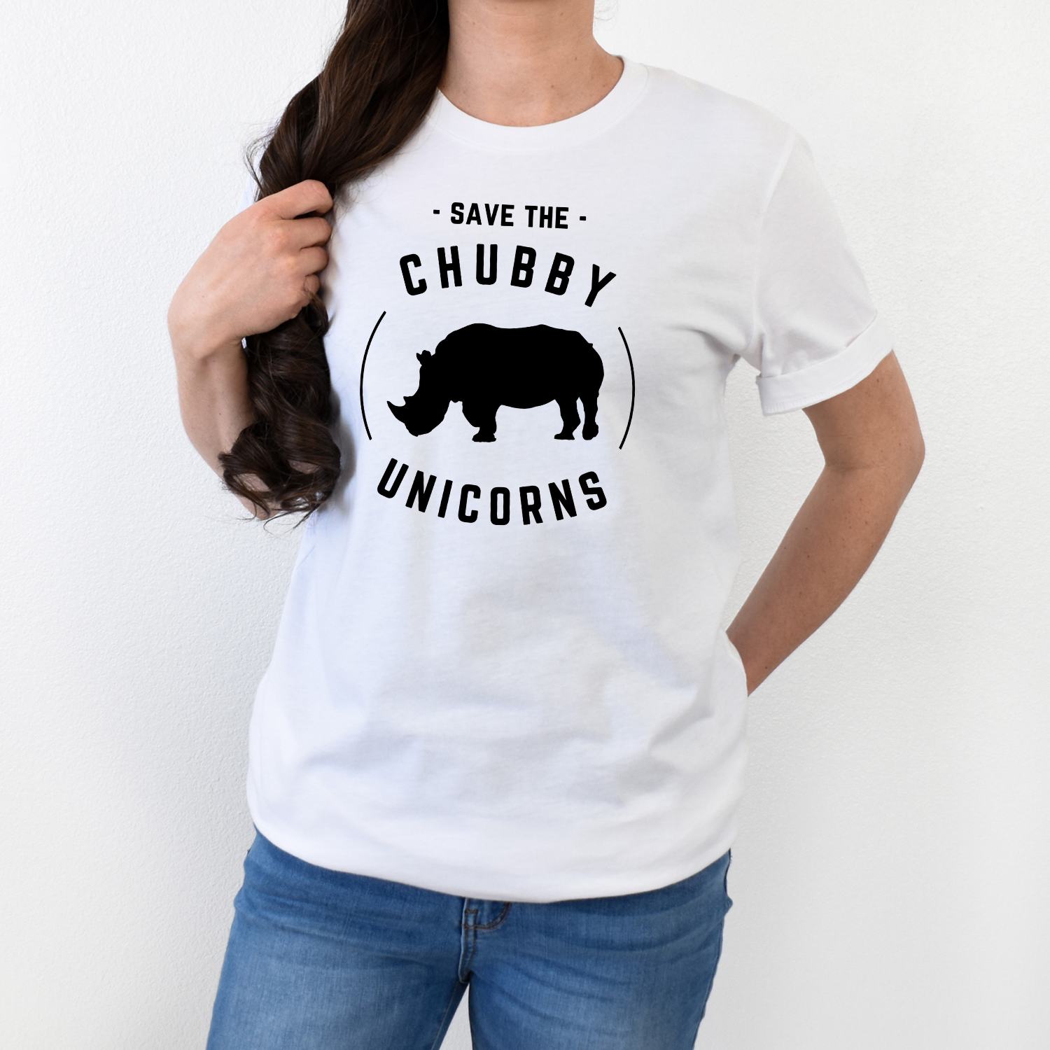 Save the Chubby Unicorns t-shirt being worn by a woman